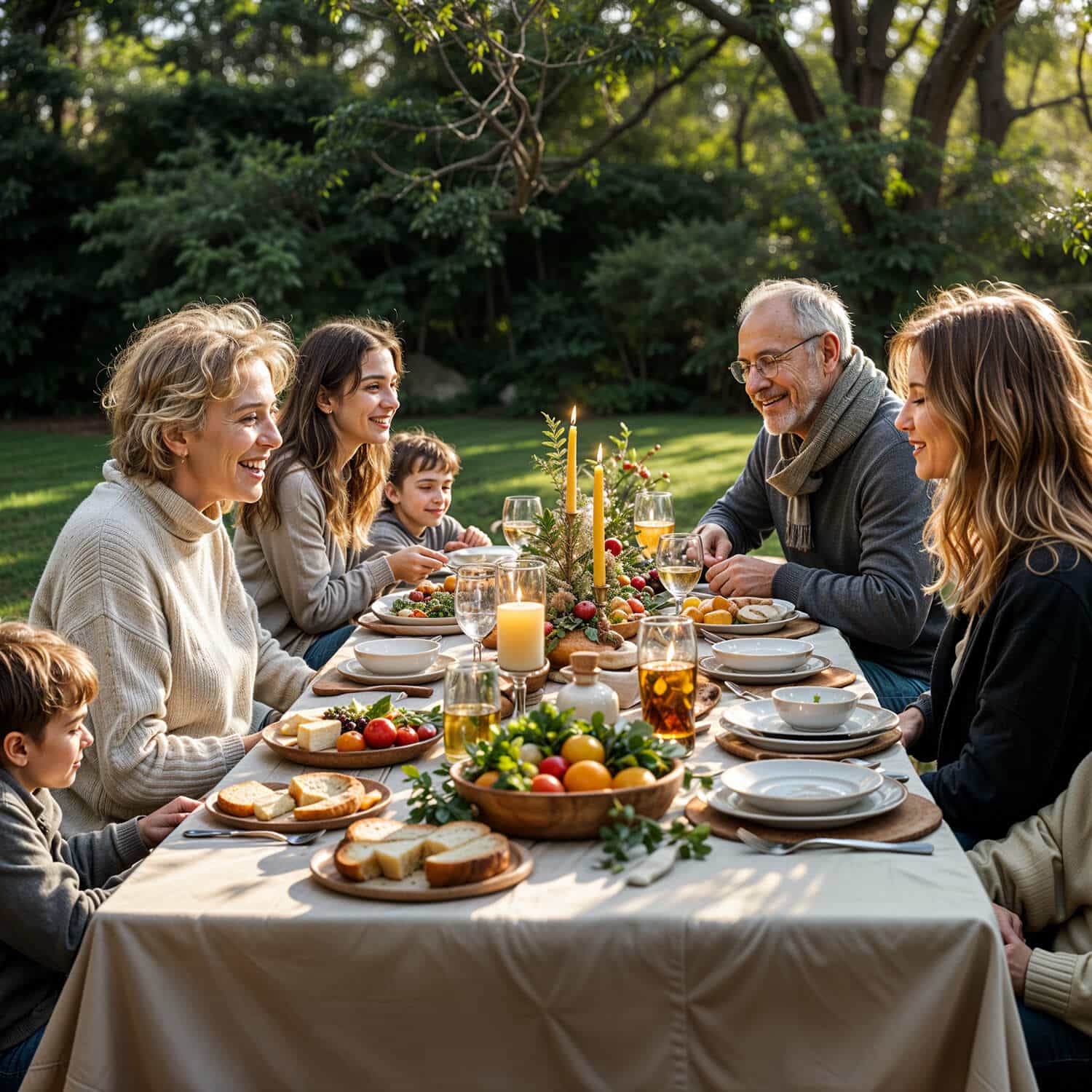 A multi-generational family gathered around a dining table outdoors in a backyard. The table is decorated with simple holiday touches, including greenery, candles, and bowls of fresh fruit and bread. The family, dressed casually, is smiling and talking while enjoying a meal together. The scene is natural and inviting, set against a backdrop of trees and soft afternoon light.