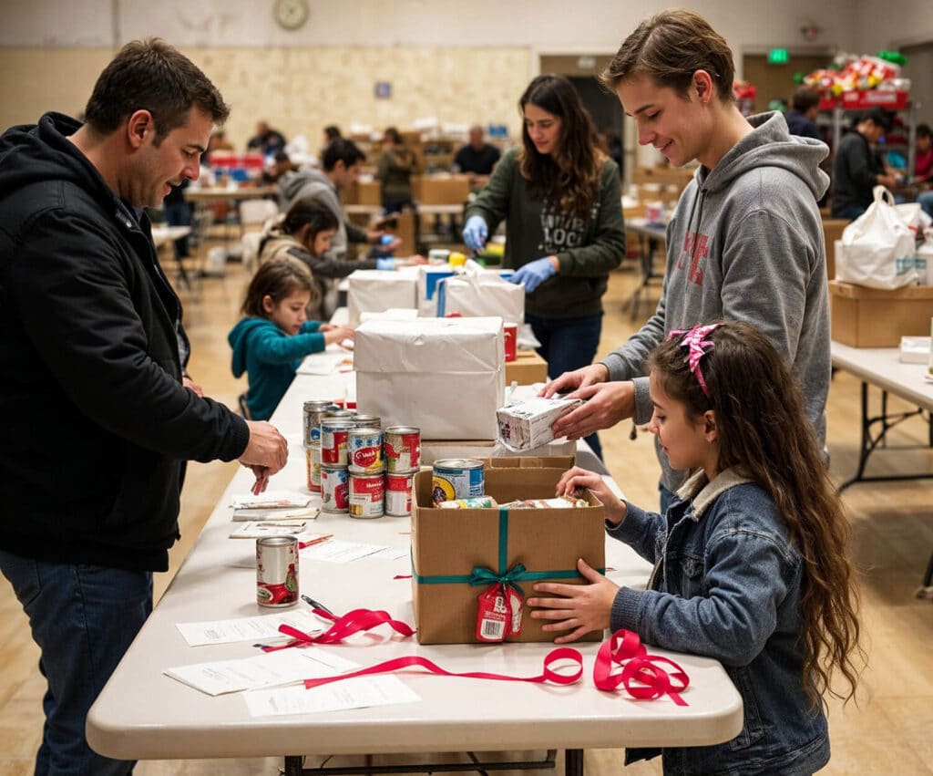 A group of people, including adults and children, volunteering together at a community centre. They are packing food and other essentials into boxes on folding tables. The atmosphere is warm and lively, with individuals working together to prepare the packages. The setting includes stacks of canned goods, ribbons, and handwritten notes, reflecting the spirit of giving back during the holidays.