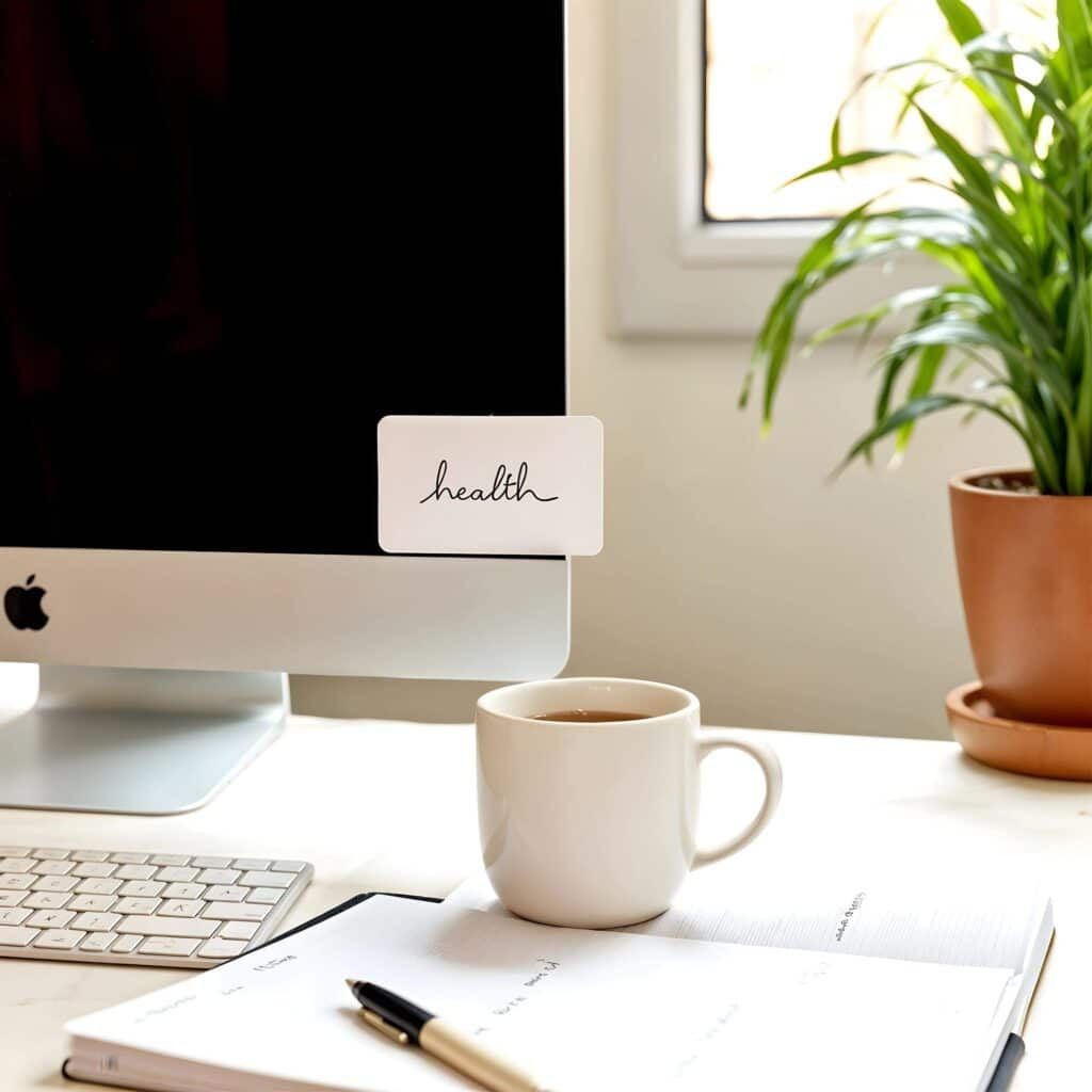 An organized desk setup featuring a sleek computer monitor with a small card displaying the handwritten word 'health' attached to the corner. In the foreground, an open notebook with notes written in cursive is accompanied by a black-and-gold pen resting on its pages. A steaming white ceramic mug sits on the desk, adding a cozy touch. A potted green plant in a terracotta pot is positioned to the right, while soft natural light filters in through a nearby window, creating a calm and inspiring atmosphere.