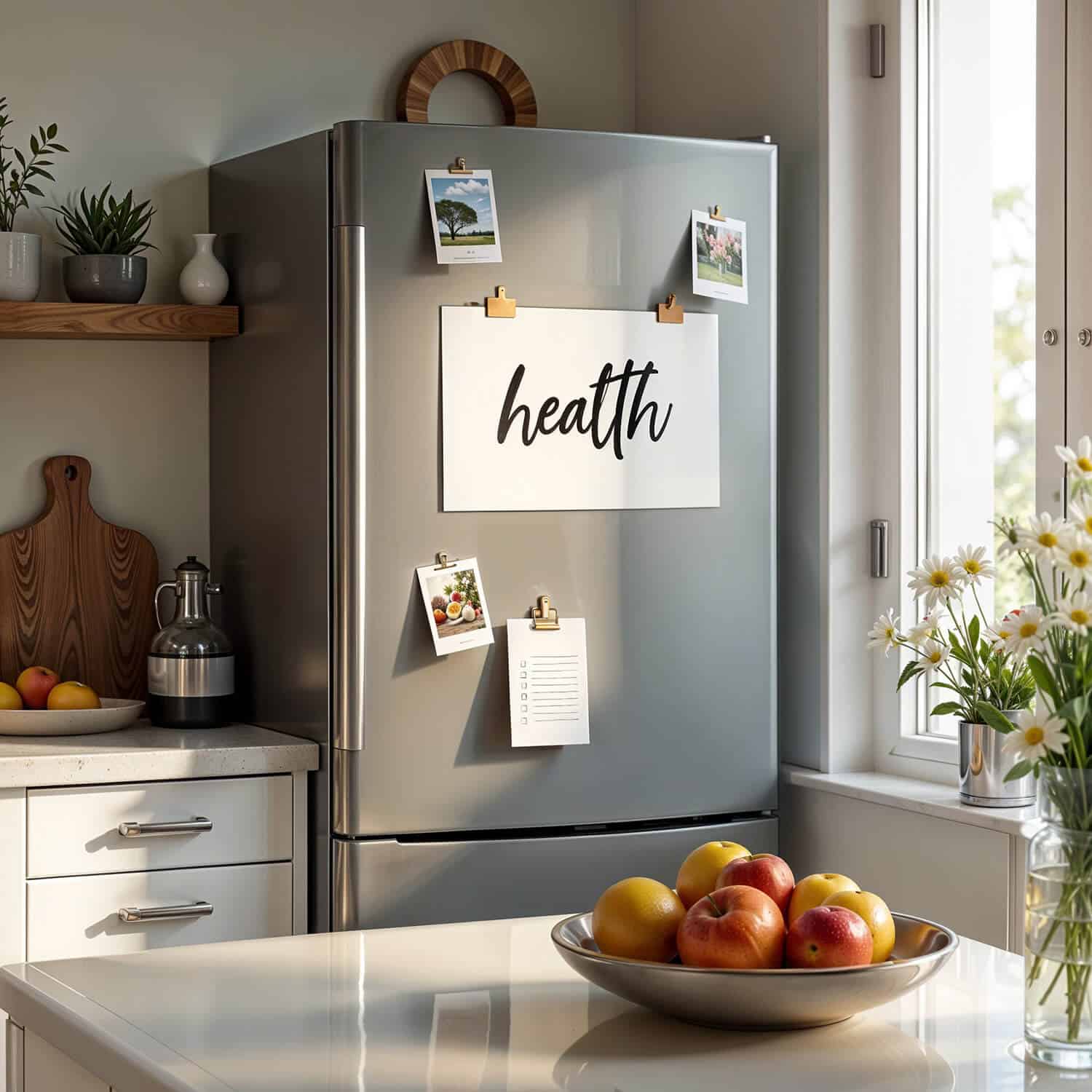 A modern kitchen with a sleek stainless steel fridge serving as the focal point. On the fridge door, a large piece of paper is attached with magnets, displaying the word 'health' written in bold, elegant cursive. Surrounding the note are small colorful sticky notes, a few photographs, and minimalistic decorative magnets. The kitchen features clean, light-colored cabinetry, wooden countertops, and open shelving adorned with potted plants and neutral decor. Soft natural light streams through a large window, illuminating the space and highlighting a bowl of fresh fruit on the wooden island in the foreground. The atmosphere feels fresh, inspiring, and intentional.