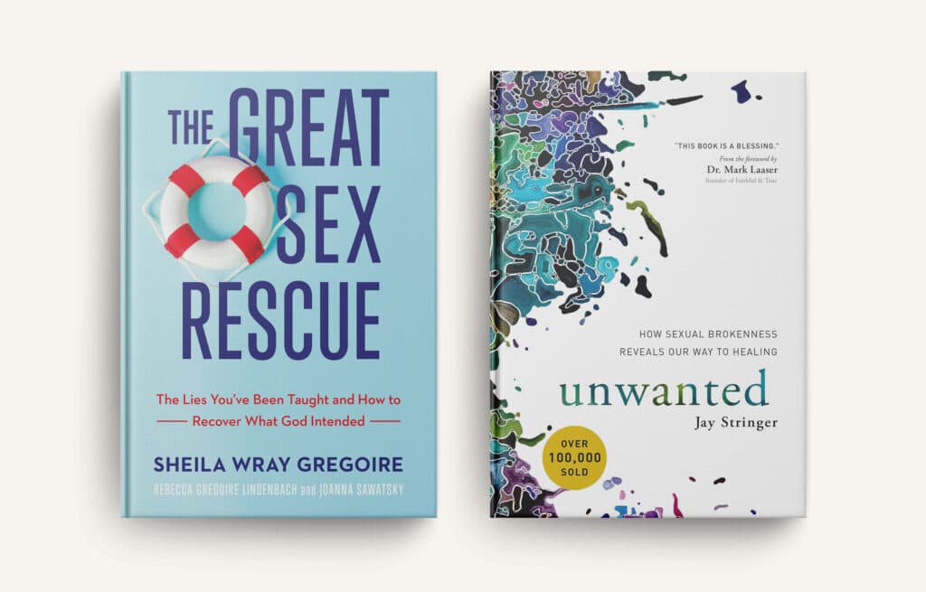 A side-by-side display of the books The Great Sex Rescue by Sheila Wray Gregoire and Unwanted by Jay Stringer, both offering insights into sexuality, healing, and reclaiming a healthy perspective on intimacy.