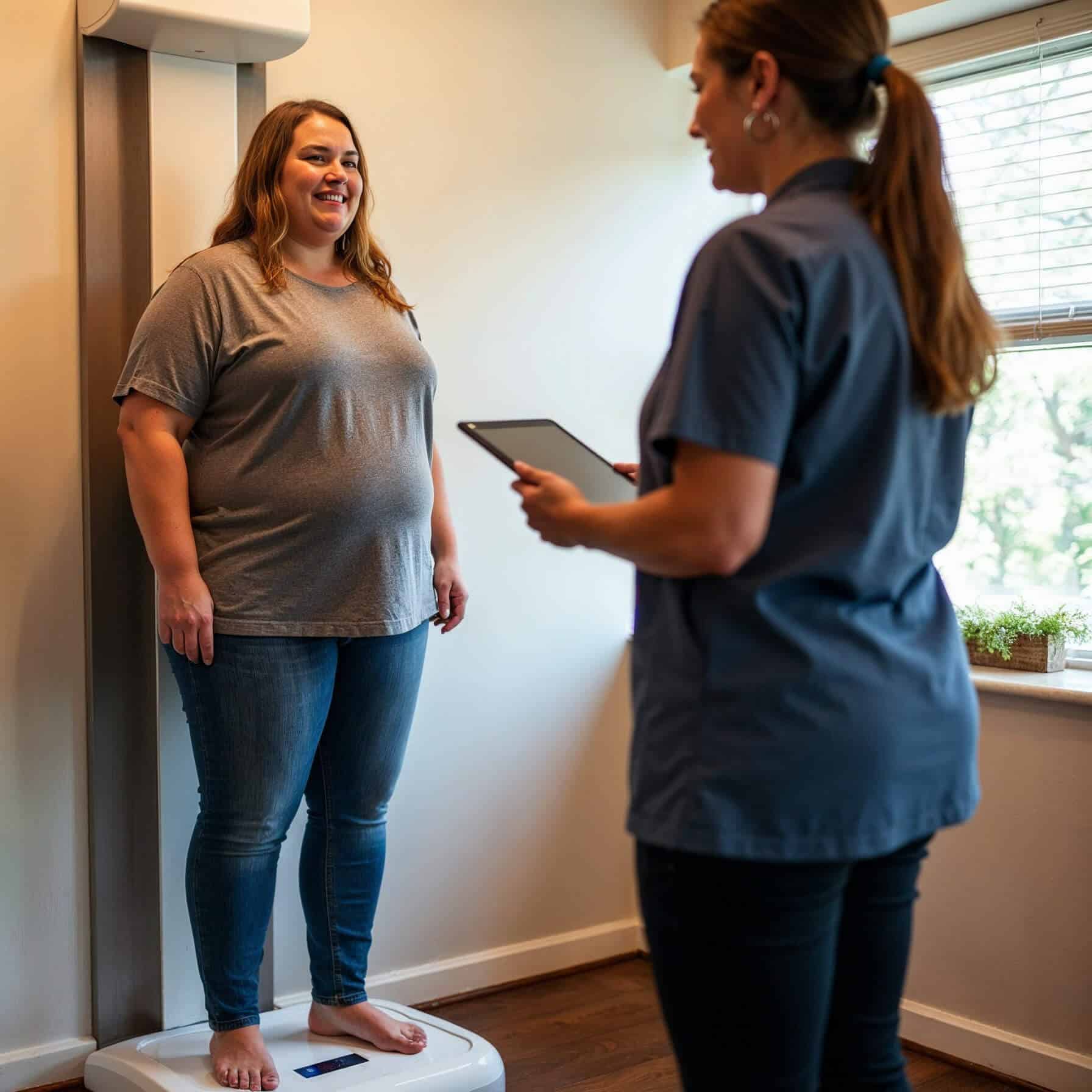 A woman stands barefoot on a medical scale, smiling at a healthcare provider who is holding a digital tablet. They are in a warmly lit consultation room with a window and potted plants in the background.
