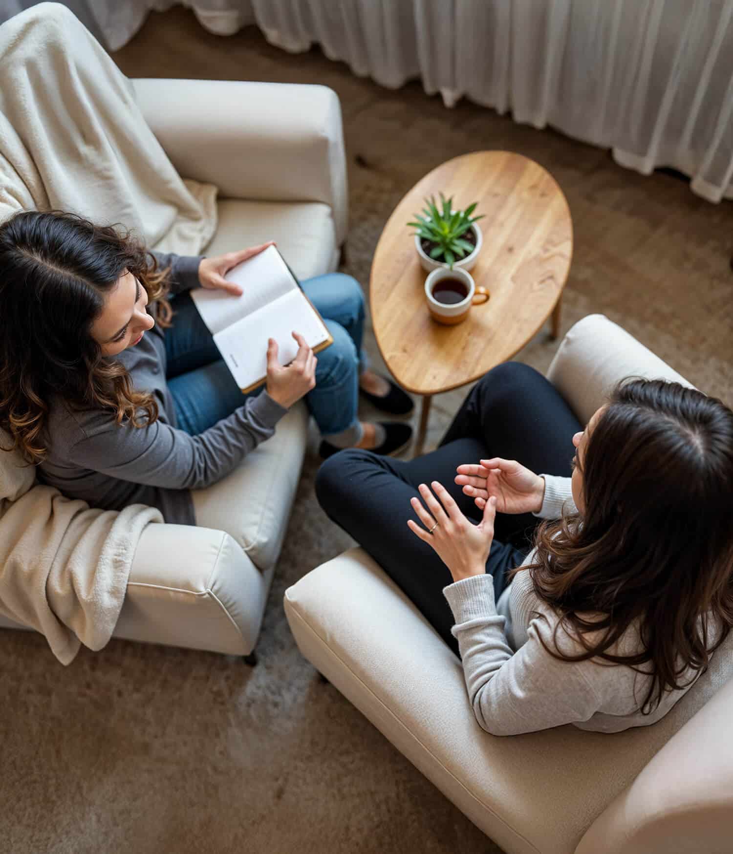 A woman sits across from her counselor during a therapy session, talking while the counselor listens and takes notes. Two cups of coffee and a small plant rest on a wooden table between them, creating a calm and comfortable setting.