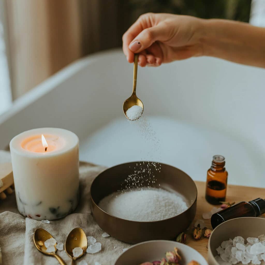 A close-up of a hand sprinkling bath salts from a gold spoon into a bowl beside a lit candle, essential oil bottles, and scattered salt crystals, creating a calm, spa-like setting.