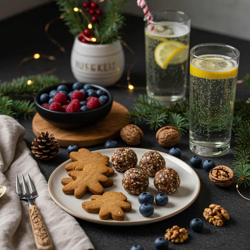 A festive snack spread featuring gingerbread cookies, nut-and-seed balls, fresh berries, walnuts, and sparkling lemon drinks, styled with evergreen branches, pinecones, and warm holiday lighting.