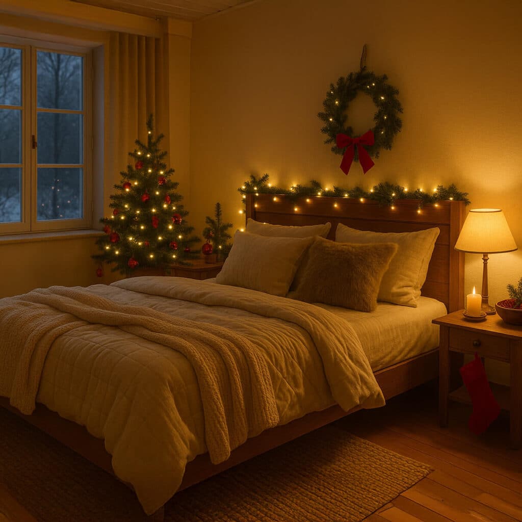 A cosy bedroom with soft bedding, warm lighting, and subtle Christmas touches like a small wreath on the wall, suggesting restful sleep during the holiday season.