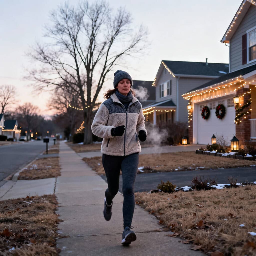 A woman jogging through a suburban neighbourhood on a cold winter morning, her breath visible in the air, with homes decorated in Christmas lights and wreaths behind her.