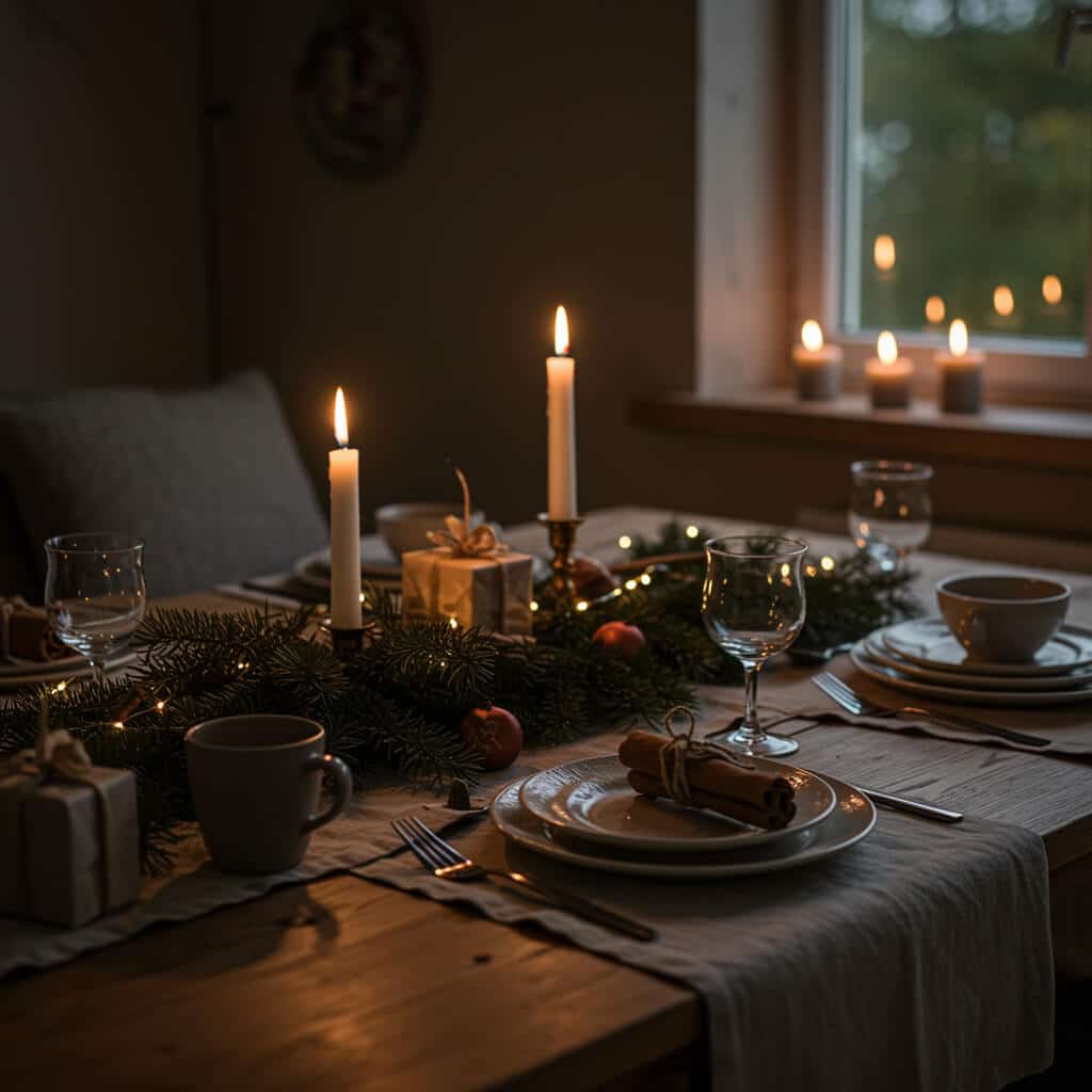 A warmly lit Christmas dinner table set with candles, wrapped gifts, evergreen garlands, and simple white dishware, with additional candles glowing on the windowsill in the background.