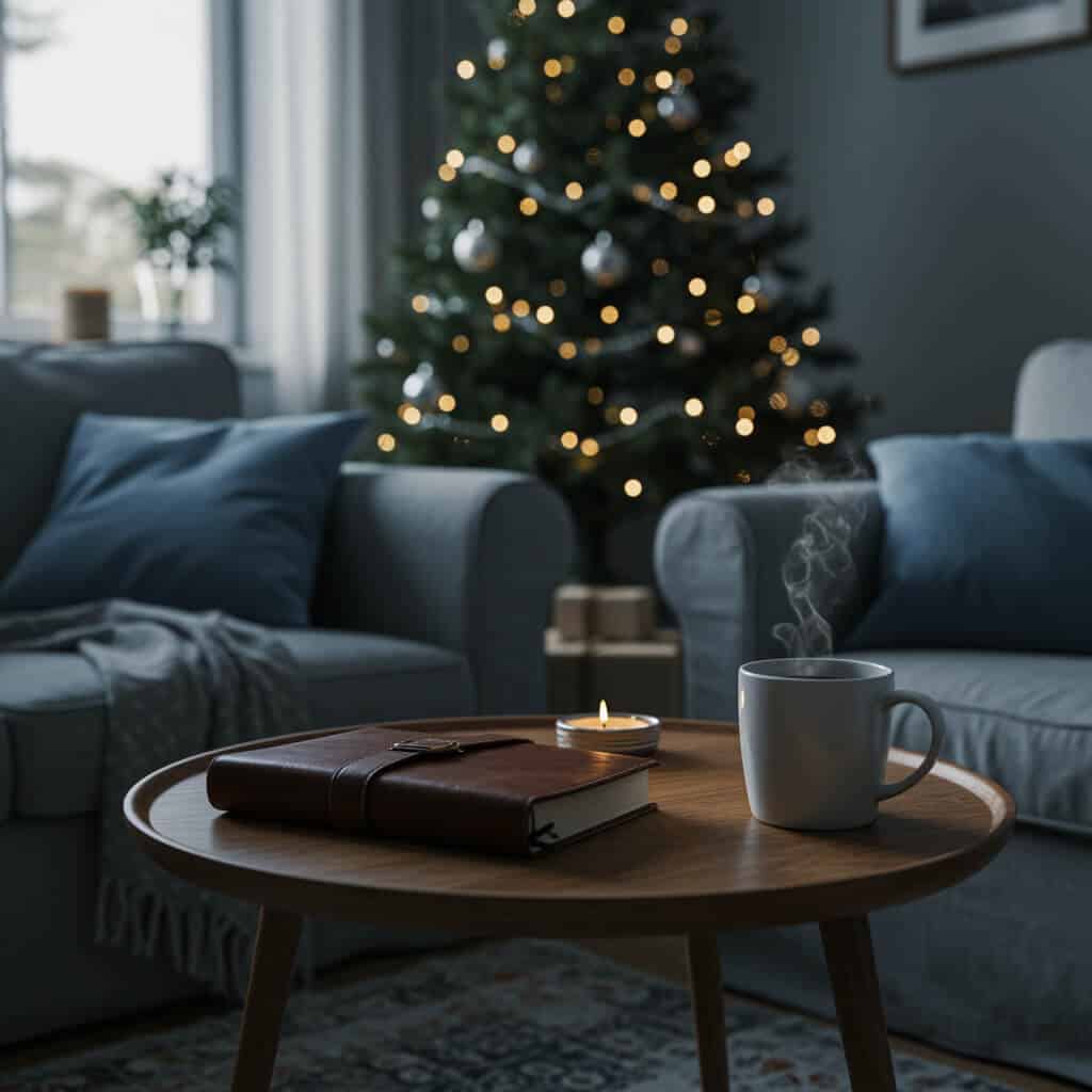 A calm living room with a softly lit Christmas tree in the background and a wooden coffee table in the foreground holding a leather journal, a lit candle, and a steaming mug.